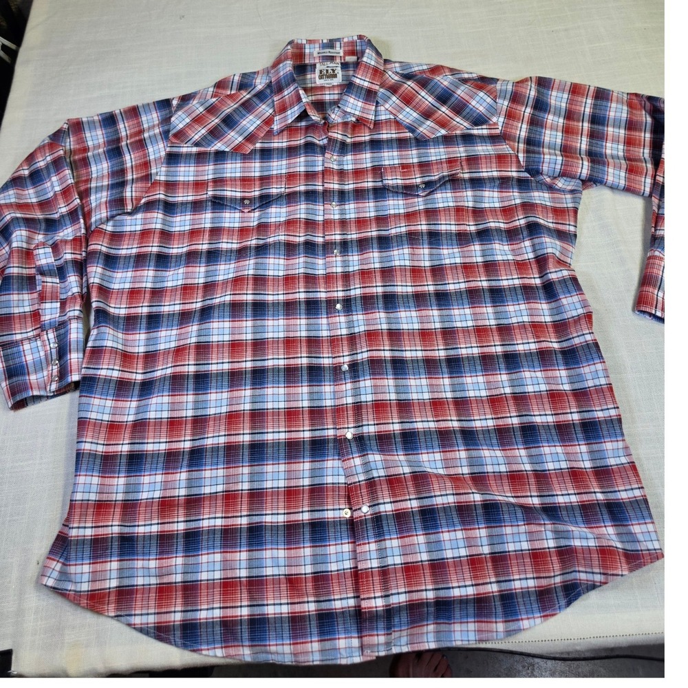 Ely Cattleman Tall Man Western Pearl Snap Shirt 3XLT Red White Blue Plaid L/S